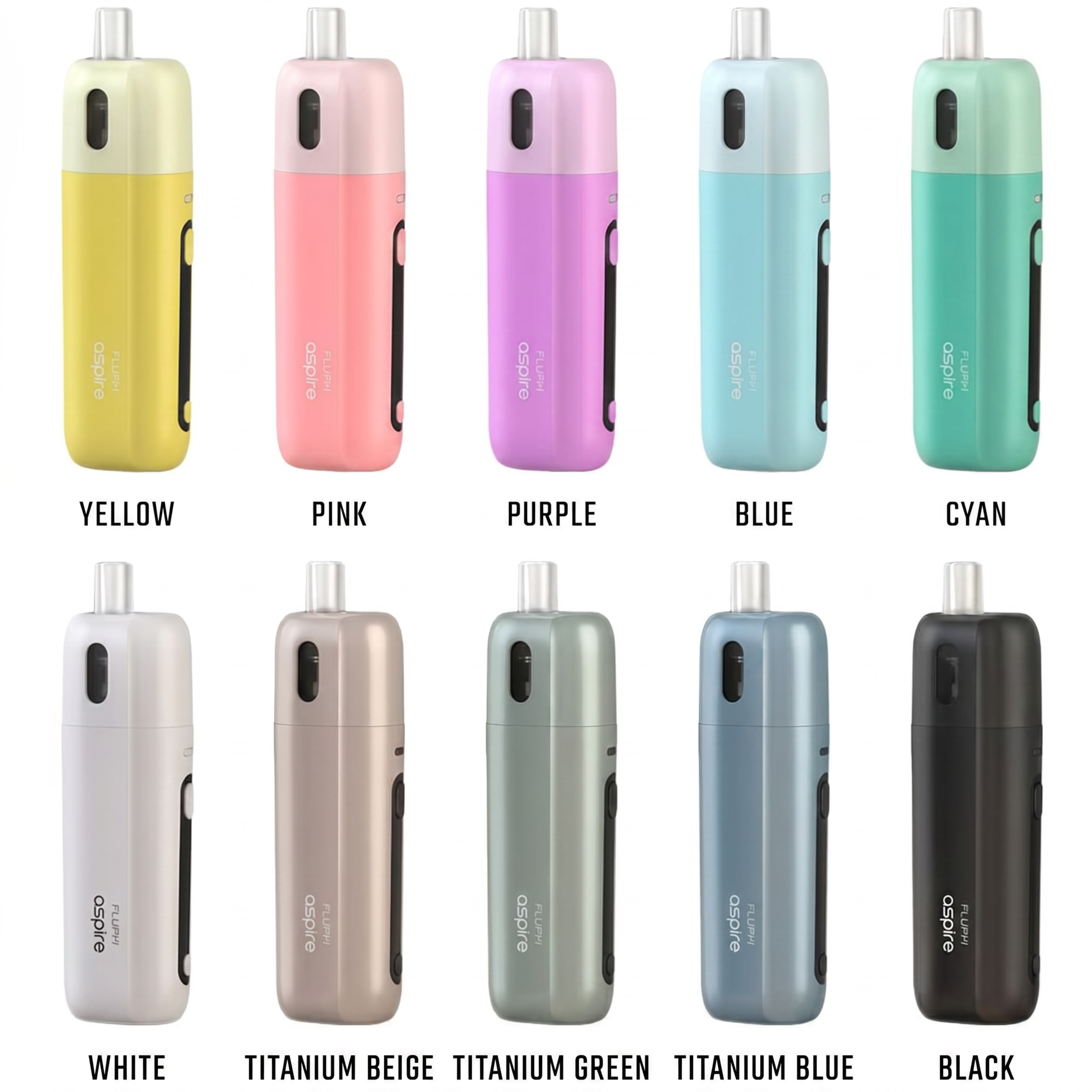 Aspire Fluffi 酪梨妹妹 注油式電子煙多款顏色包裝與規格色卡對照圖