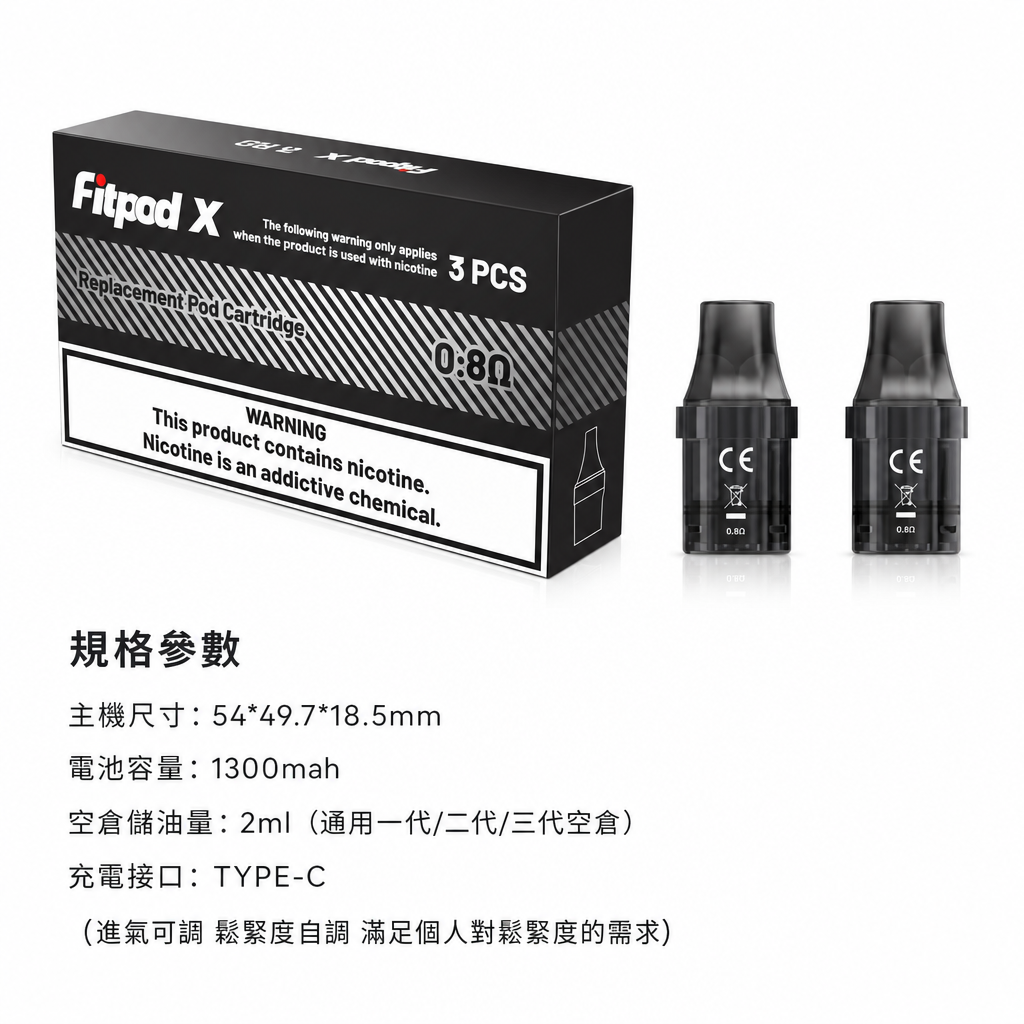 Fitpod X 斯萊克四代 注油式電子煙多款顏色包裝與規格色卡對照圖