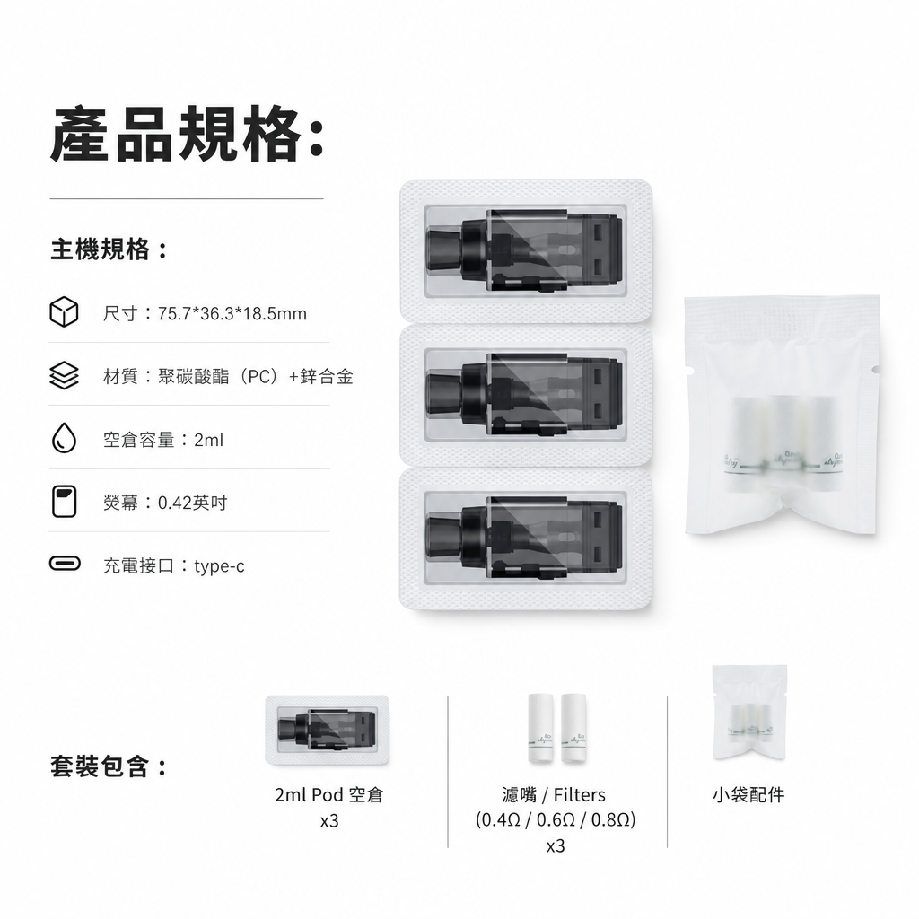 San Dynasty 小海豚 注油式電子煙多款顏色包裝與規格色卡對照圖